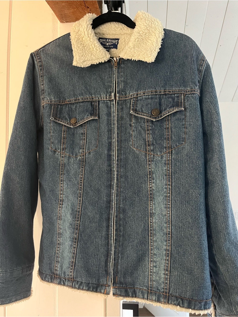 Steve & Barrys Denim Trucker Jacket Womens large Sherpa Collar Trim Western Y2K